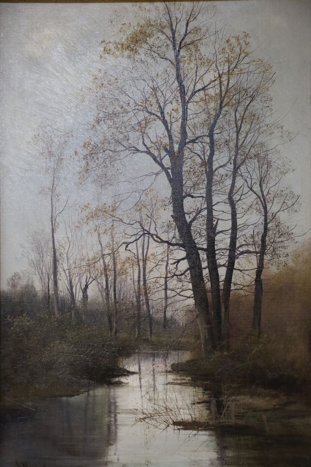 H. Martin, oil on canvas, Waterside trees in autumn, signed, 58 x 38cm